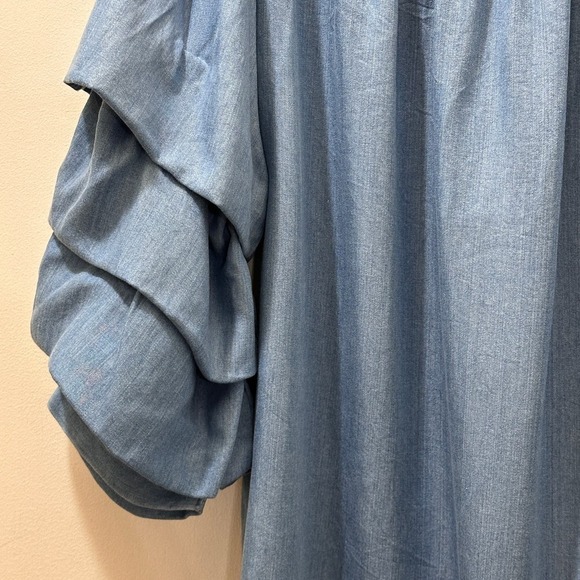 2/$30 Zara Mini Dress Premium Denim Chambray Puff Sleeve Size S Off Shoulder NWT - Picture 5 of 11